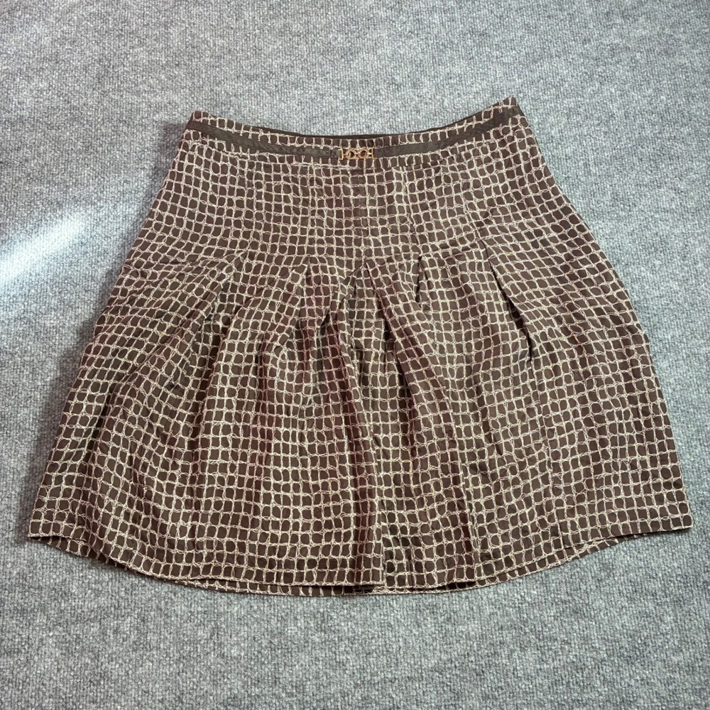 Ann Taylor Silk Skirt Womens 12P Brown Geometric Pleated Petite